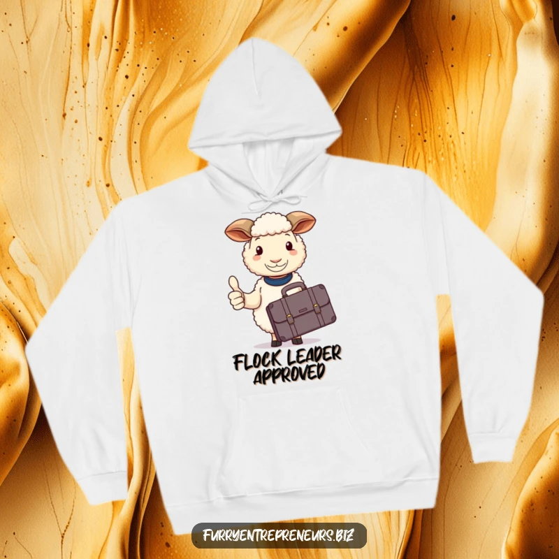 Funny sheep hoodie, holding a briefcase, calmly giving a thumbs up, radiating success.