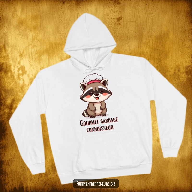 Funny raccoon chef hoodie showcasing a giggling raccoon with a chef hat, offering warmth and a dose of culinary mischief.
