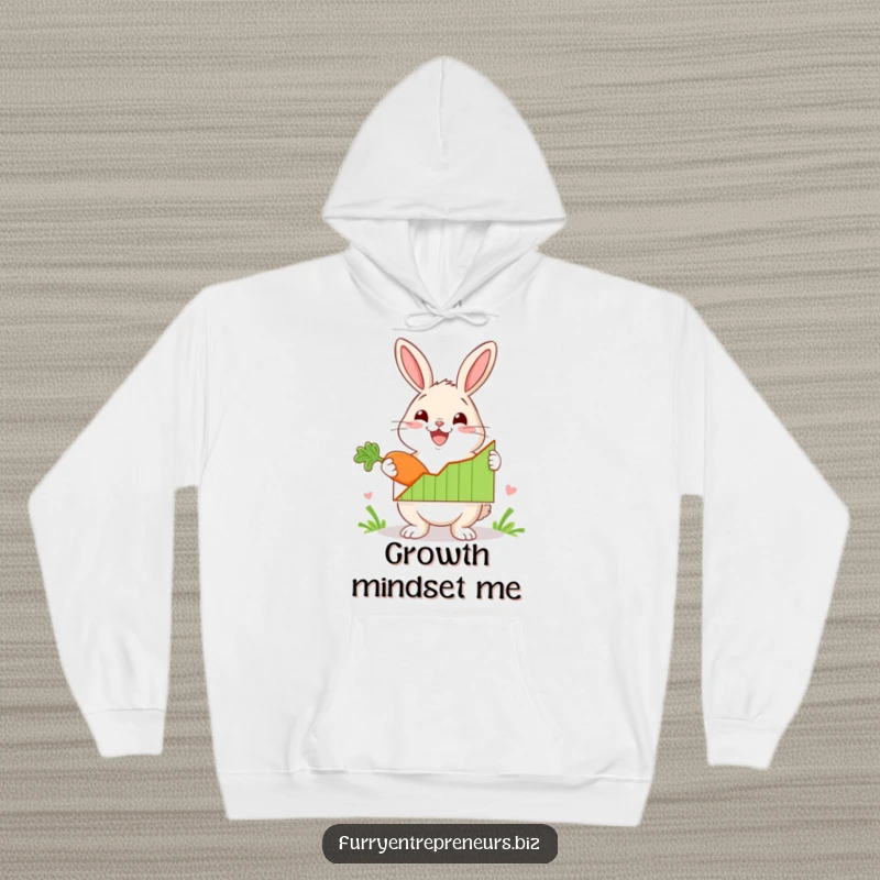 Funny rabbit character enthusiastically presenting a graph with a carrot on a hoodie, offering cozy comfort and growth-themed humor.