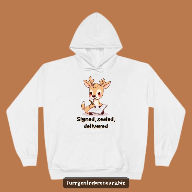 Funny Deer Signing Document Hoodie: Cozy Wear for Joyful Productivity