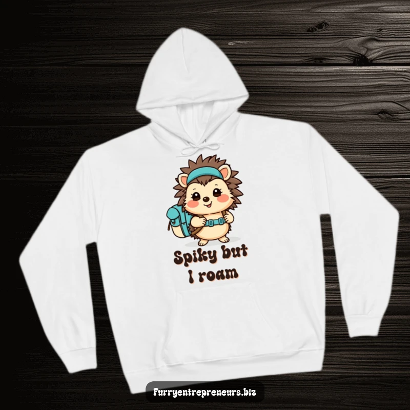 Funny Hedgehog Hoodie showing a cheerful character with a backpack, embarking on a delightful hiking expedition. Warm and comfortable apparel.