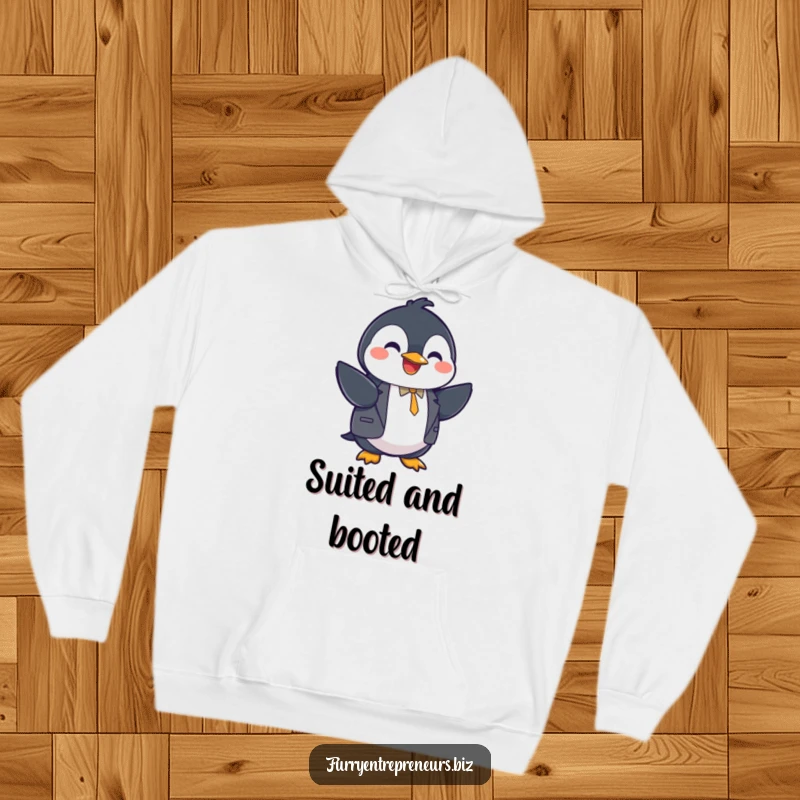 Funny penguin in a suit shaking hands, business hoodie, professional comfort, warm and amusing, perfect funny gift.