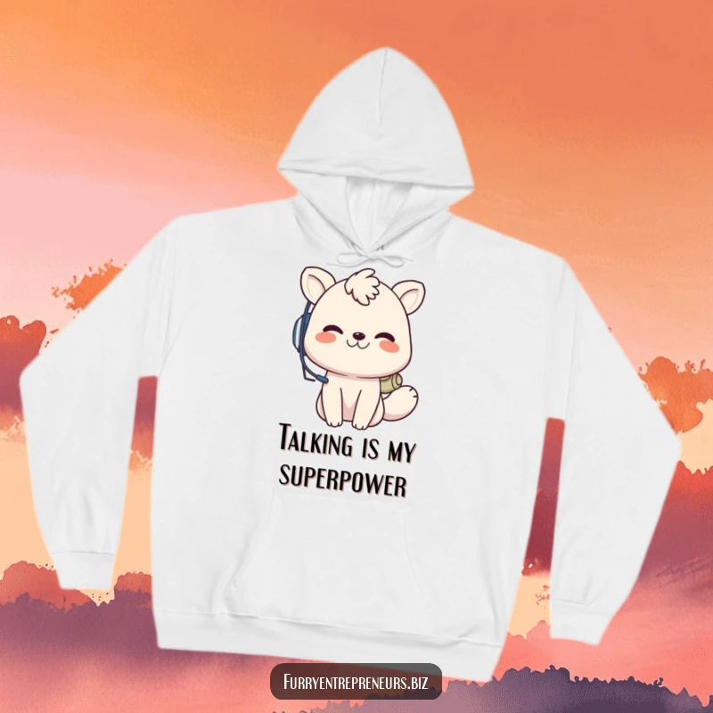 Funny animal call center hoodie, a playful creature with a headset grins while on an important call, cozy and humorous for tech support.