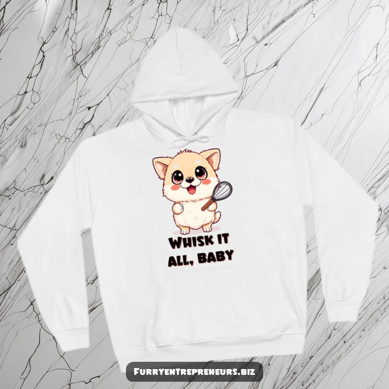 Funny hoodie illustration of a fluffy dog with ecstatic, wide eyes, holding a whisk and beaming with happiness.