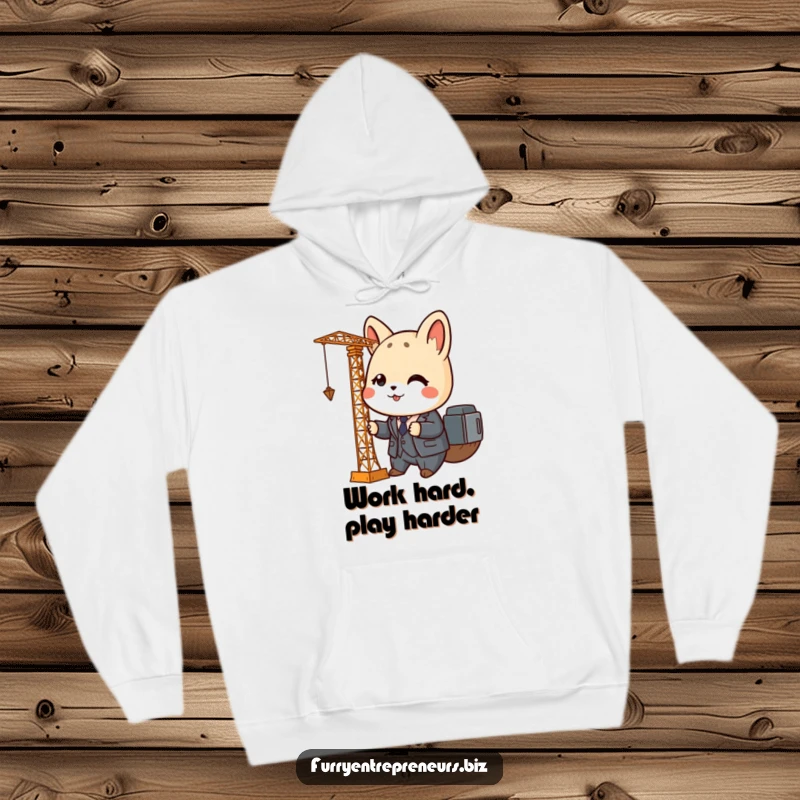 Funny animal hoodie featuring a cute character in a tiny business suit operating a miniature crane, offering warm and humorous style.