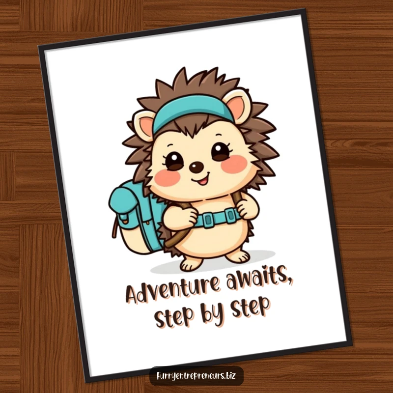 Funny free printable wall art: a cheerful hedgehog with a backpack, ready for a hiking adventure.