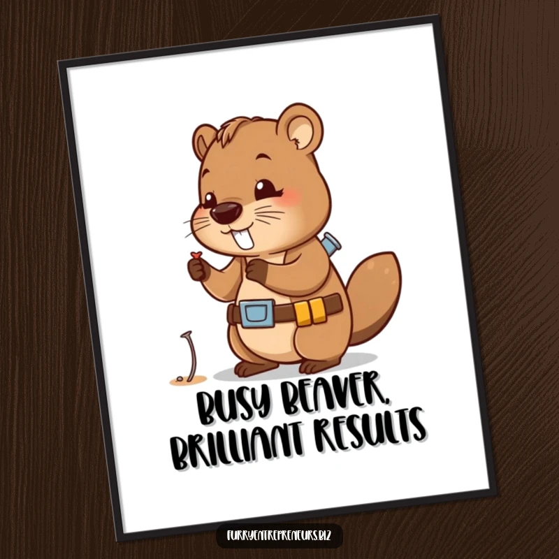 Funny free printable wall art of a cute beaver with a tool belt, diligently examining a tiny nail with focus and determination.