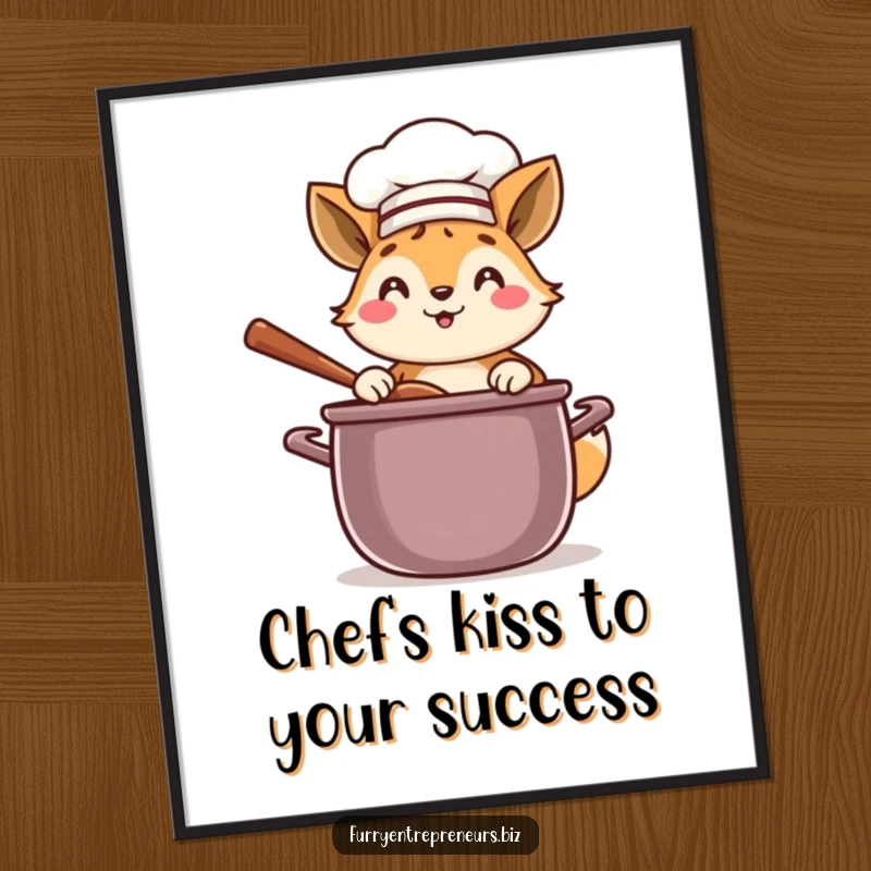 Funny Free Printable Wall Art: Playful animal chef wearing a hat, happily stirring a giant pot in a kitchen scene.