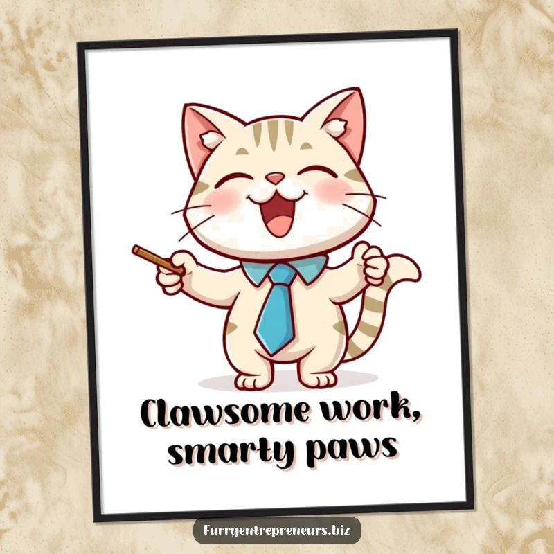 Funny free printable wall art of a joyful cat wearing a necktie, using a pointer stick with an air of professorial wisdom.