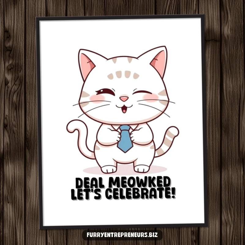 Funny Free Printable Wall Art: A cat in a tie winks and shakes hands, adding a humorous and stylish touch.