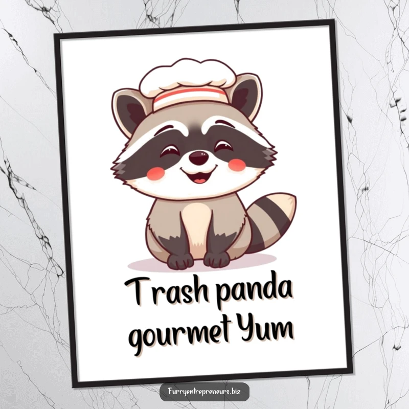 Funny free printable wall art featuring a giggling raccoon wearing a tiny chef hat, perfect for adding a touch of culinary comedy.