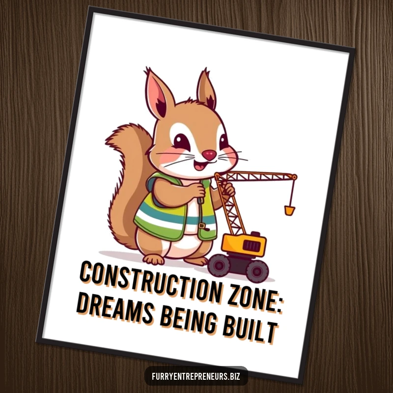 Funny Free Printable Squirrel Construction Worker Printable Wall Art, a squirrel in a vest operating a tiny crane, looking focused and ready to build.
