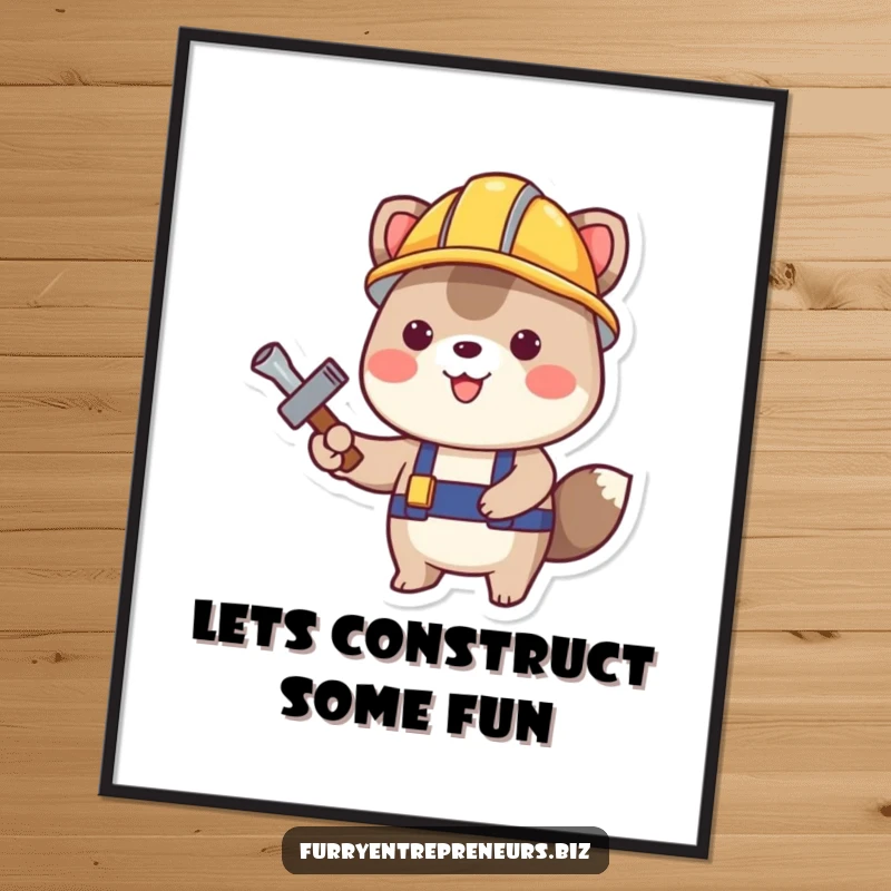 Funny Free Printable Wall Art: A happy animal in a construction helmet holds a tool, industrious downloadable decor.