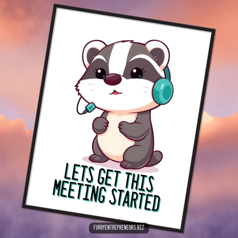 Funny Free Printable Wall Art: A sharp badger in a headset, looking focused while giving a presentation, ideal for office decor.