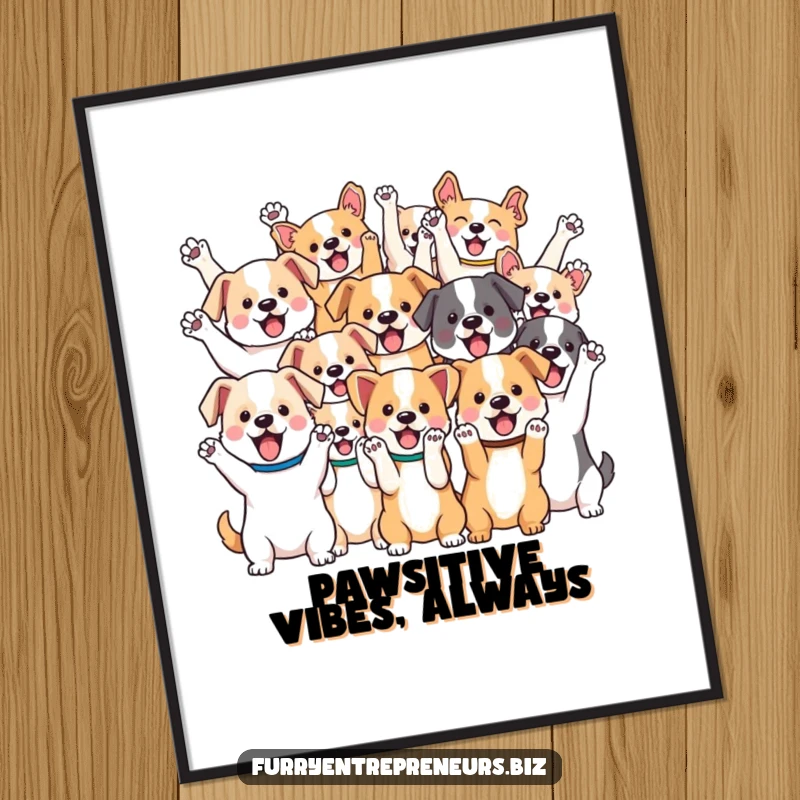 Funny Free Printable Wall Art of a lively group of cute kawaii dogs cheering with paws in the air, adding cheerful decor.