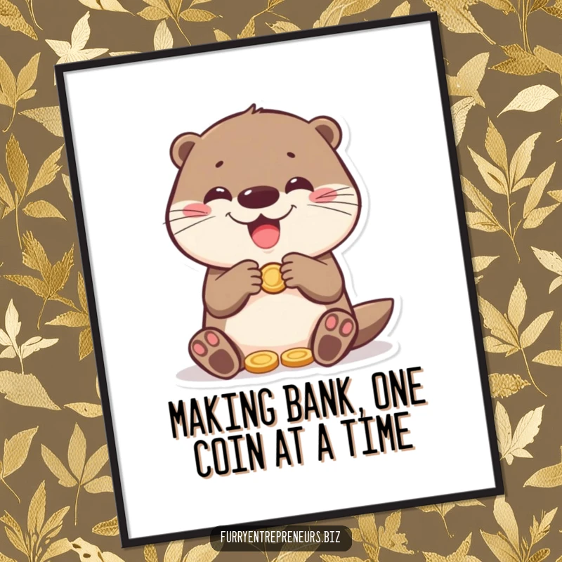 Funny Free Printable Wall Art: A playful otter gleefully counts a pile of coins, radiating happiness.