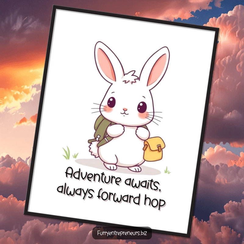 Funny Free Printable Wall Art: Curious rabbit with a tiny backpack, adventurously exploring a whimsical world.