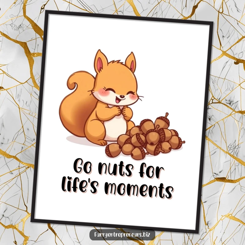 Funny Free Printable Wall Art: A squirrel character gleefully counting a large pile of acorns, radiating joy.