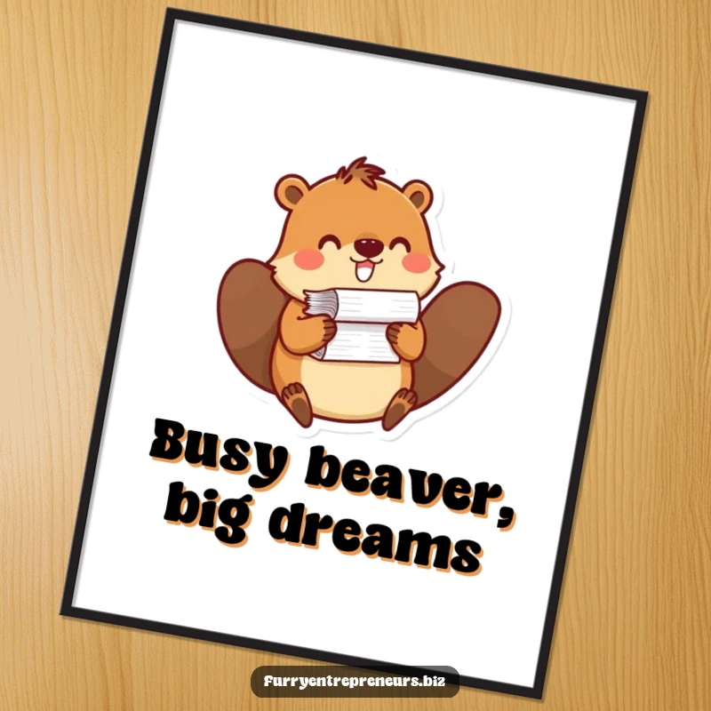 Funny free printable wall art of a playful beaver character precariously balancing a huge stack of papers.
