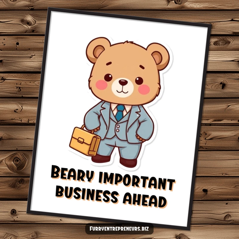 Funny free printable wall art of a cute bear in a sharp suit, holding a briefcase, exuding professionalism and humor.