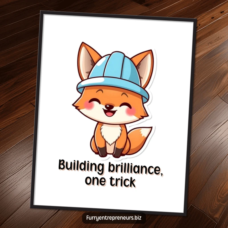 Funny free printable wall art of a smiling fox character wearing a tiny hard hat, holding construction tools.