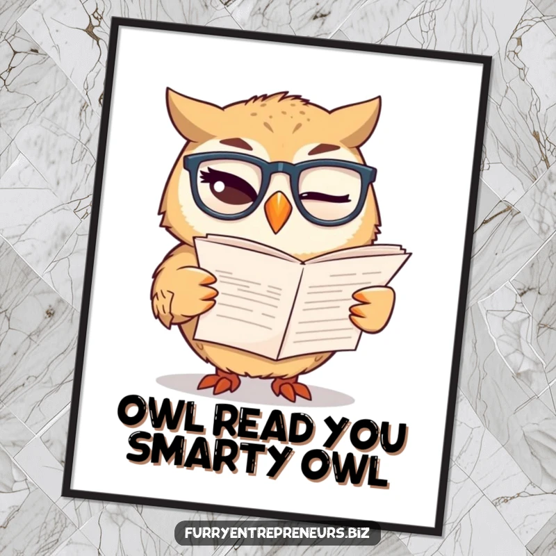 Funny Free Printable wall art, a winking owl in glasses reads a financial report, ideal for DIY finance decor.