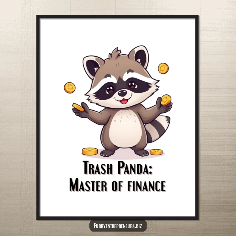 Funny Free Printable Wall Art: Playful raccoon character juggling shiny coins, symbolizing mischief and fortune, downloadable.