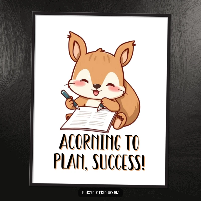 Funny free printable wall art of a playful squirrel character formally signing a document with a tiny pen, looking professional.