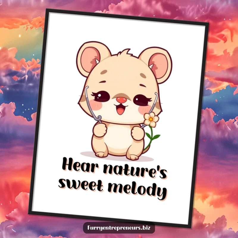 Funny Free Printable Wall Art: A delighted animal character wearing a tiny stethoscope, curiously listening to a flower.