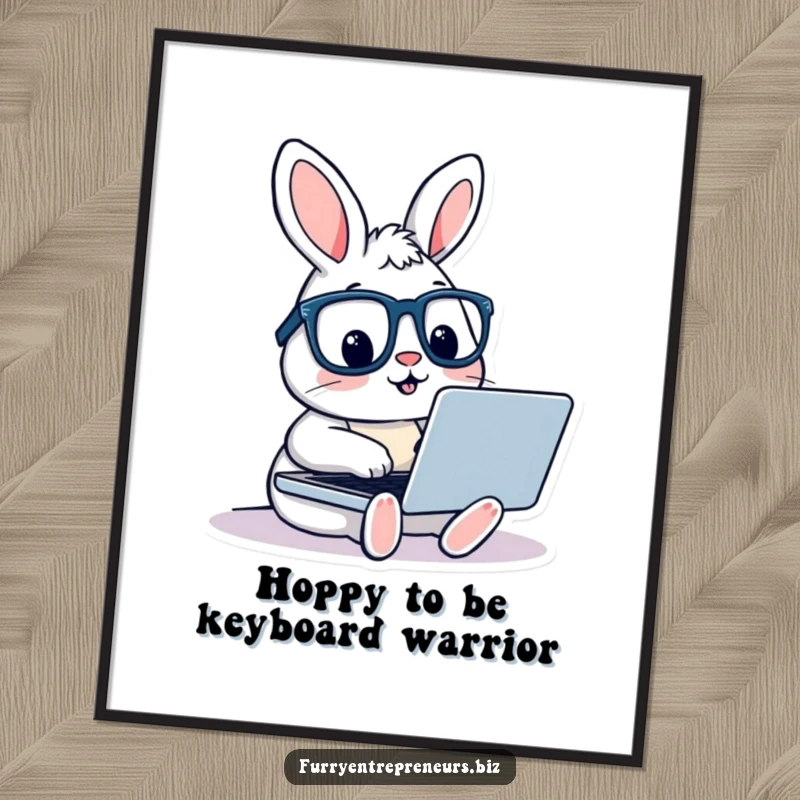 Funny free printable wall art of a rabbit in glasses, intensely typing on a laptop, perfect for a home office or tech enthusiast.