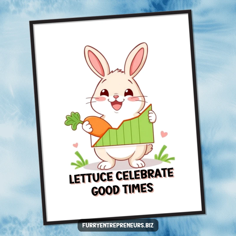 Funny Free Printable Wall Art: A rabbit character joyfully presents a graph showing positive growth, holding a carrot.