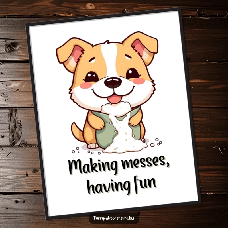 Funny Free Printable Wall Art featuring a mischievous dog with a comically large smile, dropping flour from a bag, adding humor to decor.