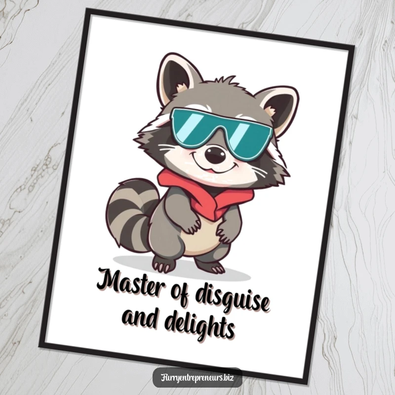 Funny Free Printable Wall Art of a cheeky raccoon in a spy disguise, sneaking with clandestine charm.