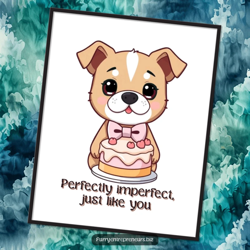 Funny Free Printable Wall Art featuring a determined dog in a bowtie proudly presenting a wonderfully lopsided cake, adding humor to walls.