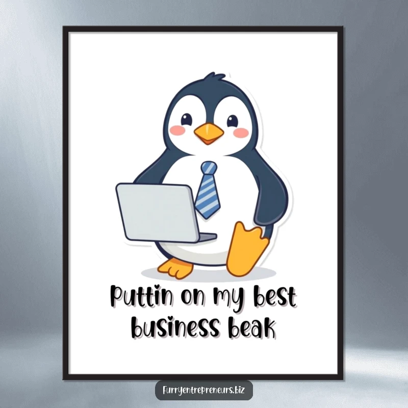 Funny Free Printable Wall Art: A sophisticated penguin in a small tie, holding a laptop, suitable for office or home decor.