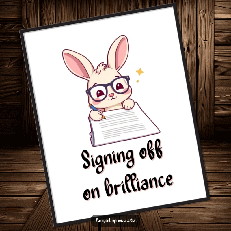 Funny Free Printable Wall Art: Rabbit in glasses meticulously signs a large document, highlighting important details.