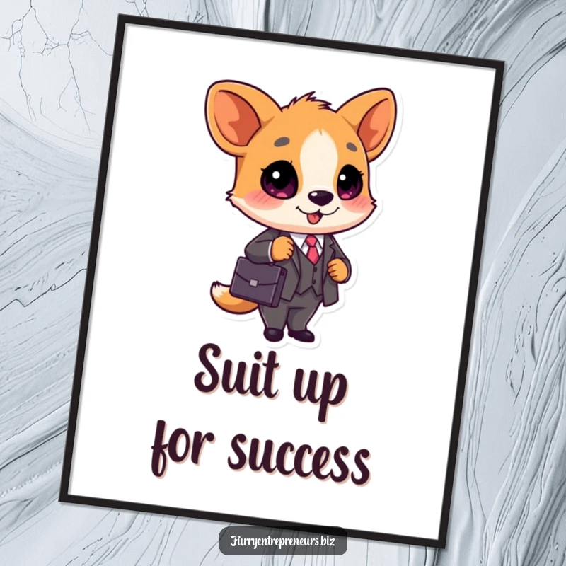Funny Free Printable Wall Art: A cute animal in a tiny business suit holds a briefcase, humorous downloadable decor.