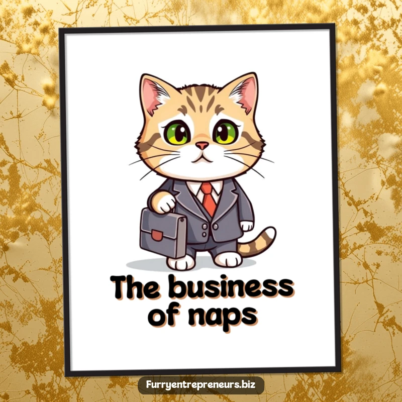 Funny Free Printable Wall Art: A cat dressed in a tailored business suit confidently walks with a briefcase, ready for work.