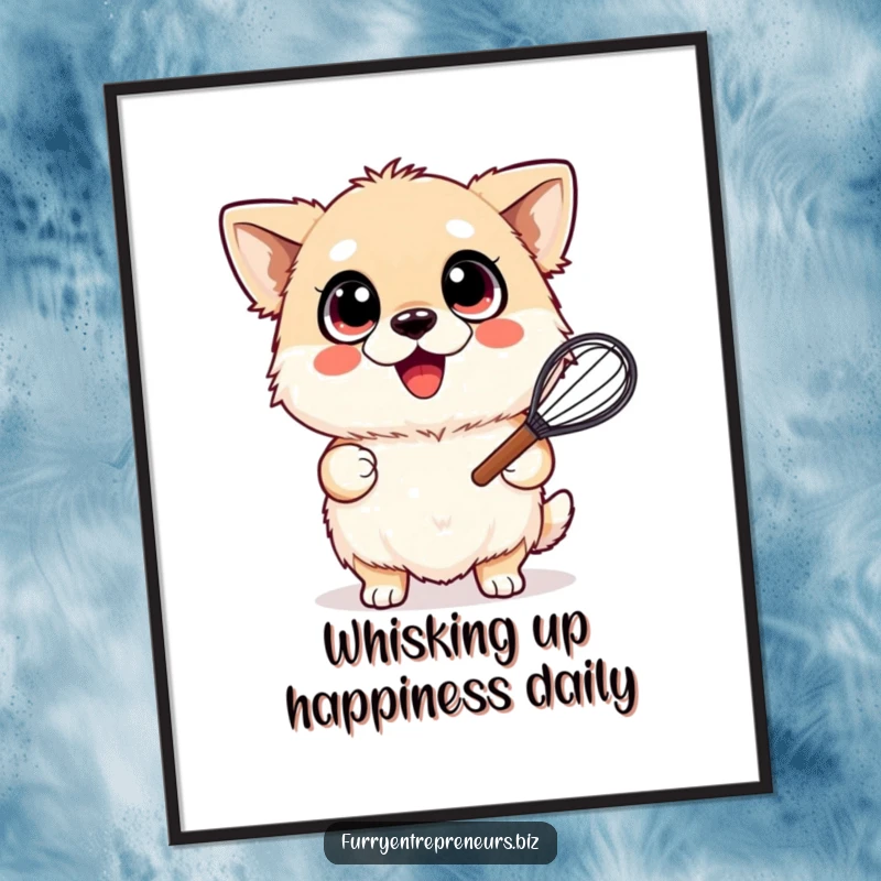 Funny Free Printable Wall Art of a fluffy dog with wide happy eyes, joyfully holding a kitchen whisk, adding humor to any room.