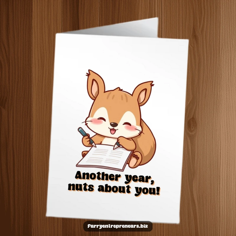 Funny free printable birthday card featuring a playful squirrel character officially signing a document with a tiny pen.