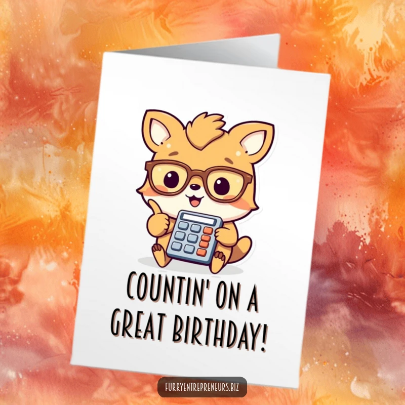 Funny Free Printable Birthday Card: Cheerful animal wearing glasses points at a tiny calculator, symbolizing smart birthday wishes.