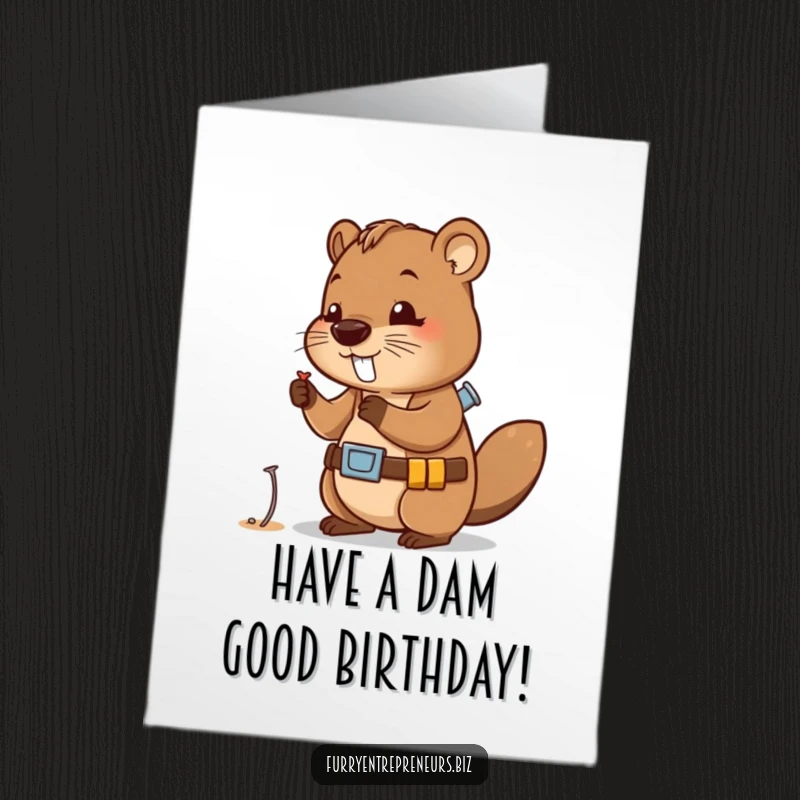 Funny free printable birthday card featuring a cute beaver in a tool belt intently examining a tiny nail.