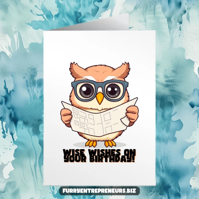 Funny free printable birthday card: A creative owl wearing glasses meticulously designs a blueprint, surrounded by drafting tools.