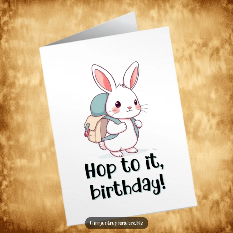 Funny Free Printable Birthday Card showing a curious rabbit with a backpack ready for adventure, perfect for a unique gift.