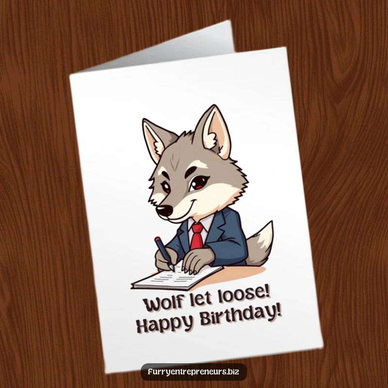 Funny free printable birthday card: A determined wolf in a tiny business suit signs papers with a serious, focused expression.