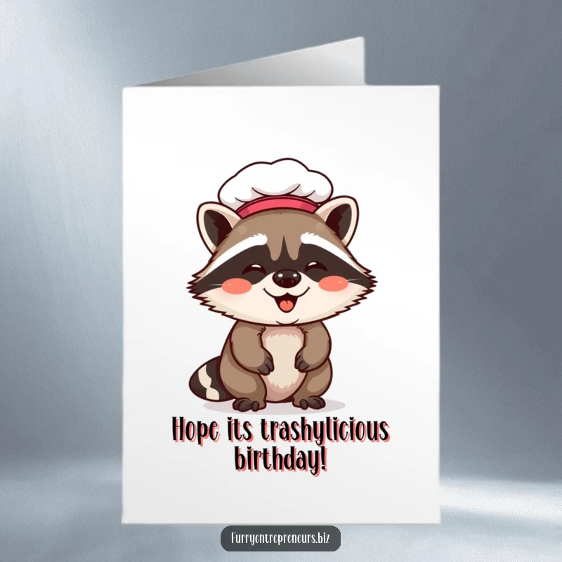 Funny Free Printable Birthday Card: A cute raccoon wearing a chef hat, giggling uncontrollably while holding a whisk.
