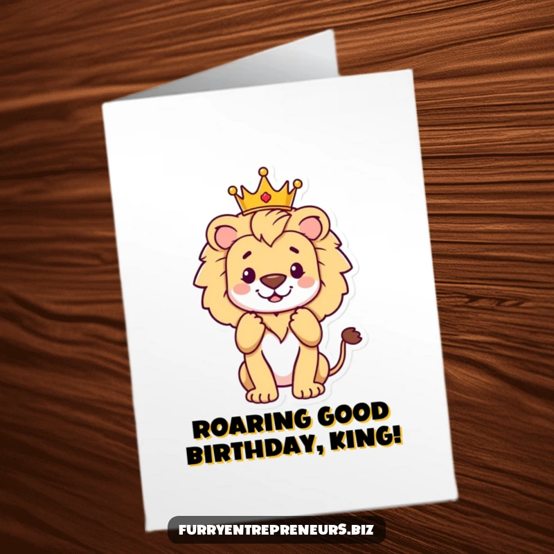 Funny Free Printable Birthday Card: A majestic lion in a tiny crown basks in applause, looking regal.