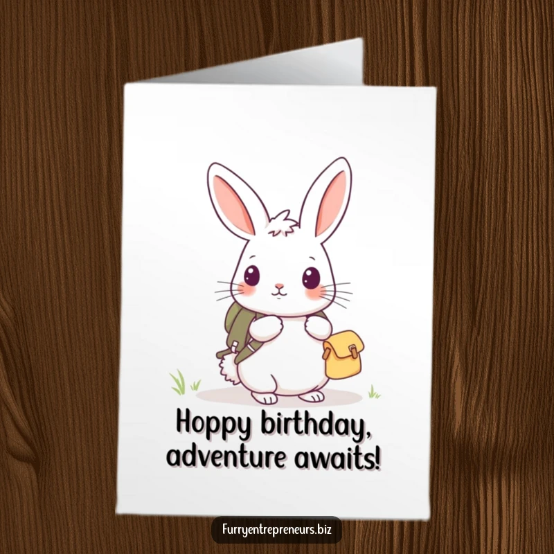 Funny Free Printable Birthday Card: Curious rabbit in a tiny backpack exploring new paths with excitement.