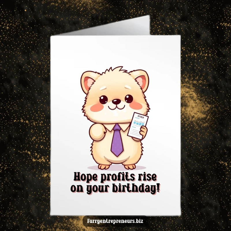 Funny Free Printable Birthday Card: Fluffy animal in a tie presenting a stock chart, a humorous gift.