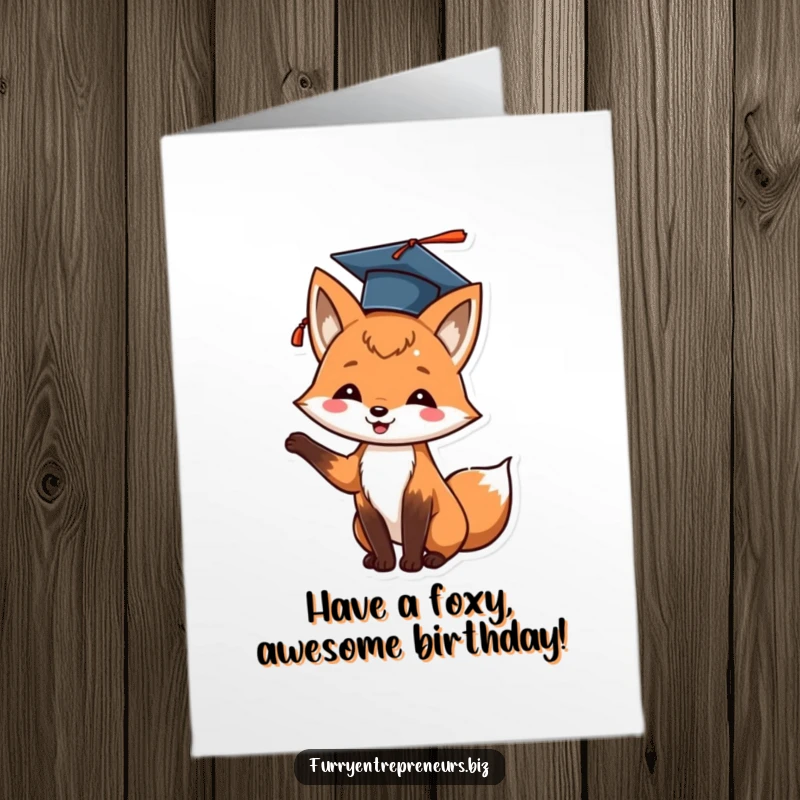 Funny Free Printable Birthday Card featuring a cheerful fox in a graduation cap tossing it upwards, celebrating academic or life achievements.